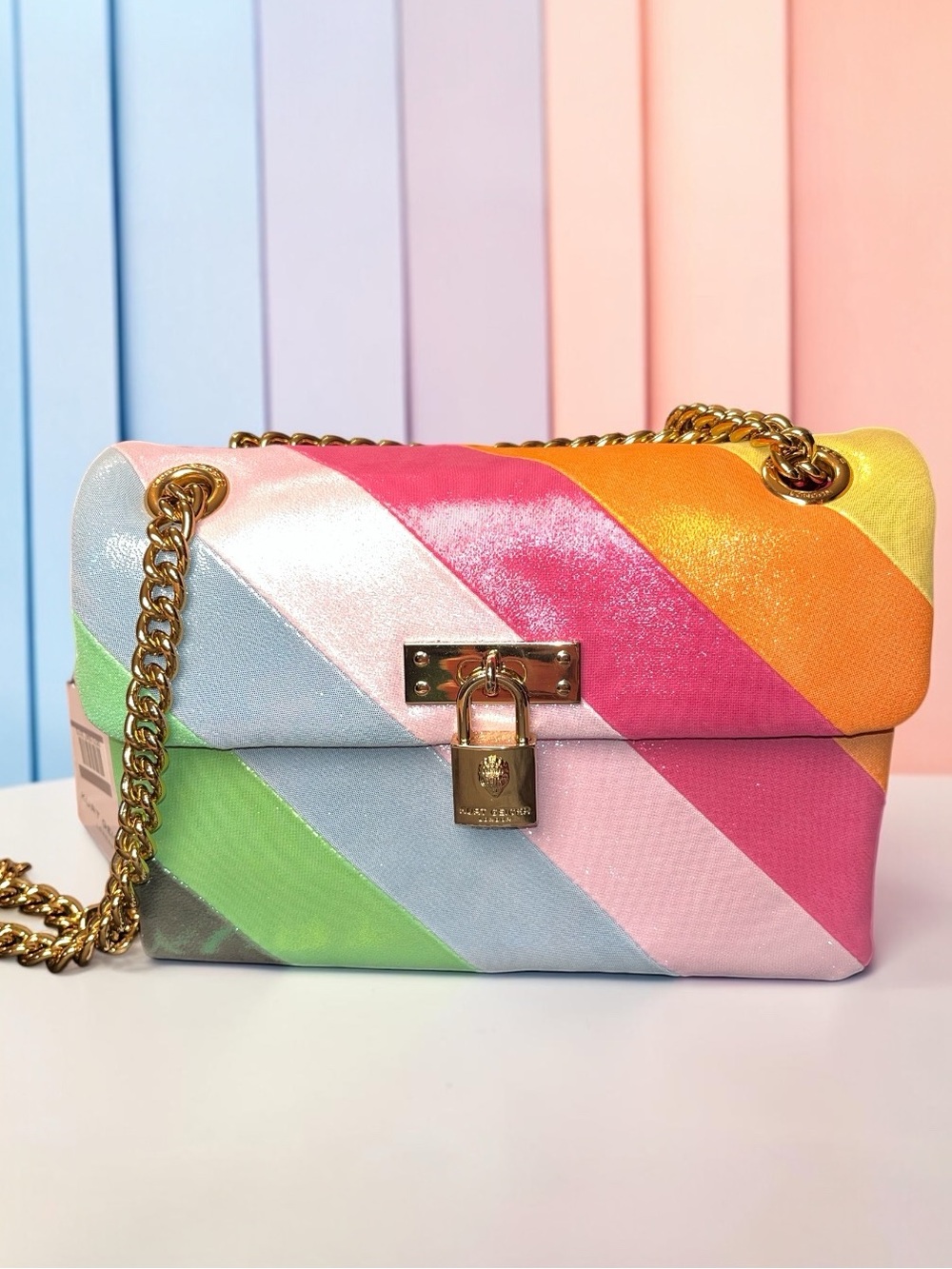 Kurt Geiger NWT! Metallic Suede Mini Brixton Bag in Multicolor Diagonal Stripes